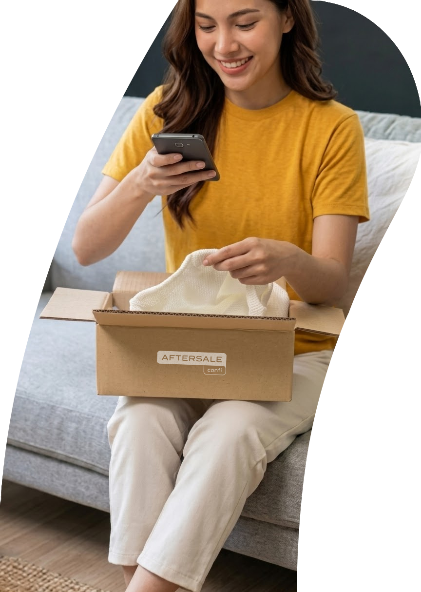 Consumidora abrindo uma caixa de e-commerce em casa